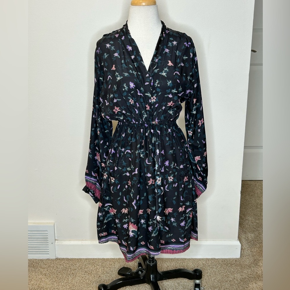 Natalie Martin Nico Black Lotus Print Long-Sleeve V-Neck Dress Size S NWT $358